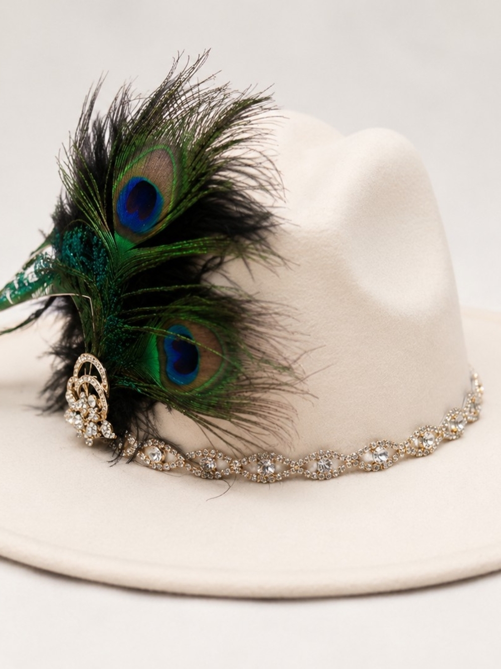 Ivory Wide-Brim Fedora with Peacock Feather Accent